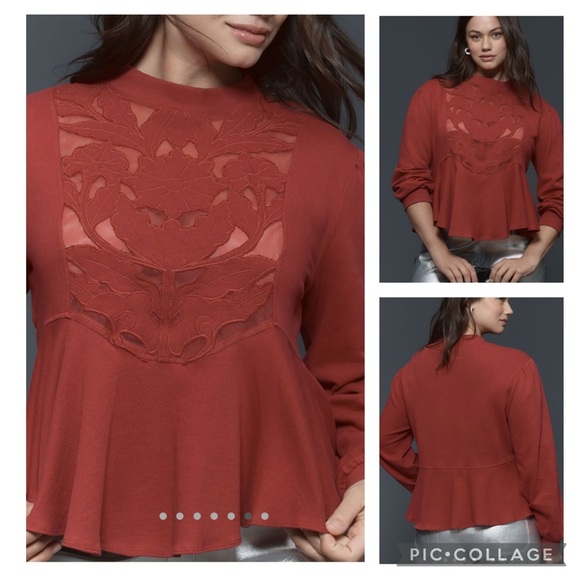NWT new medium Anthropologie cutwork swing top red pink wine long sleeve lace - Picture 13 of 17